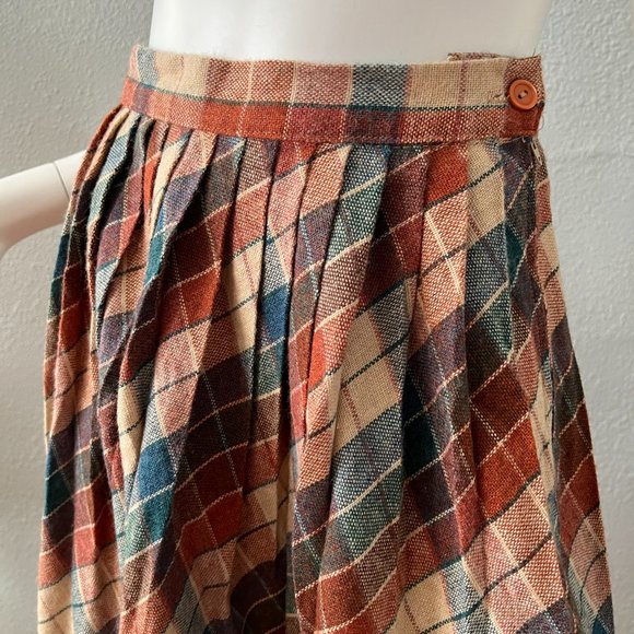 Vintage 70s High Waist Plaid Wool Pleated A-line Midi Skirt XS/S - Picture 5 of 10